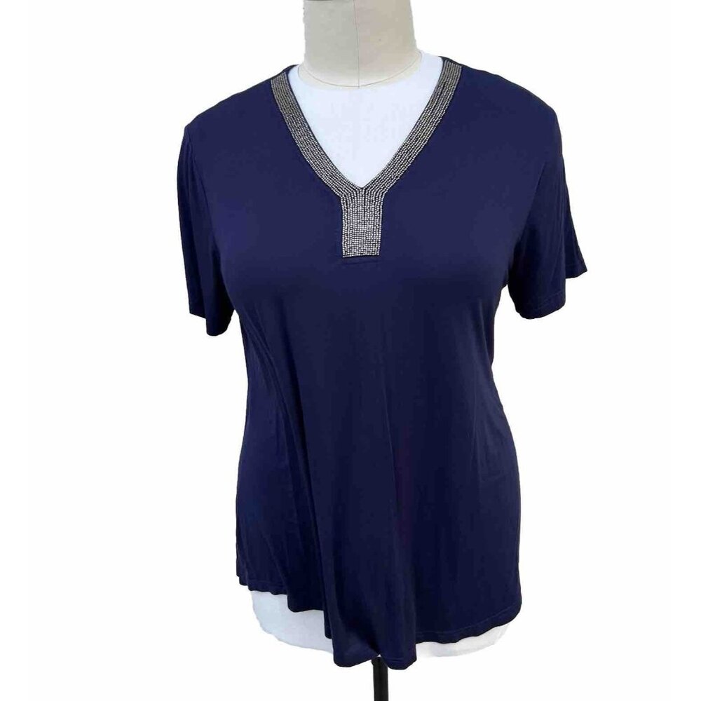 Women's Manor - Navy Blue Silver Beaded Collar V-Neck Tunic Plus 2X -3X